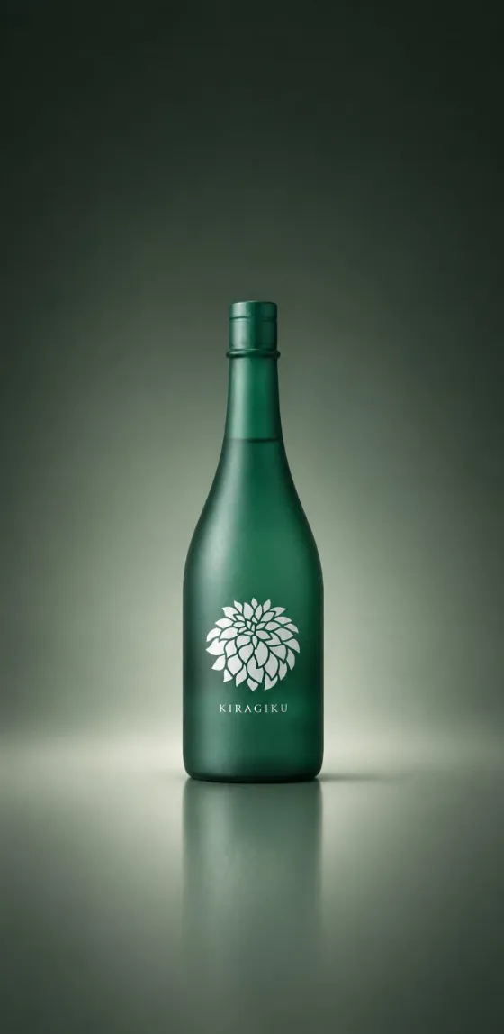 緑のボトルに白い菊の意匠をあしらった煌菊
