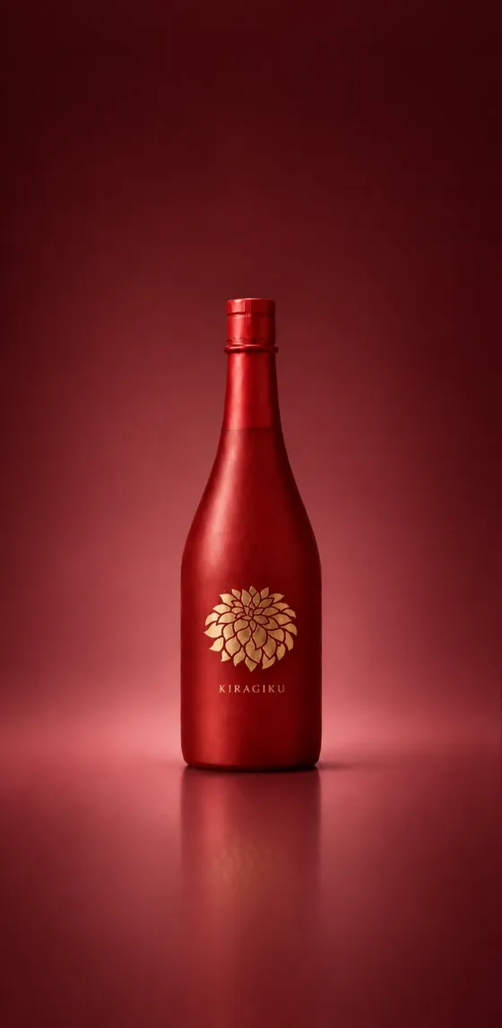 赤いボトルに金の菊の意匠をあしらった煌菊「福」